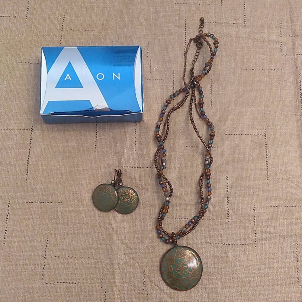 Avon Enamel Medallion necklace/earrings set